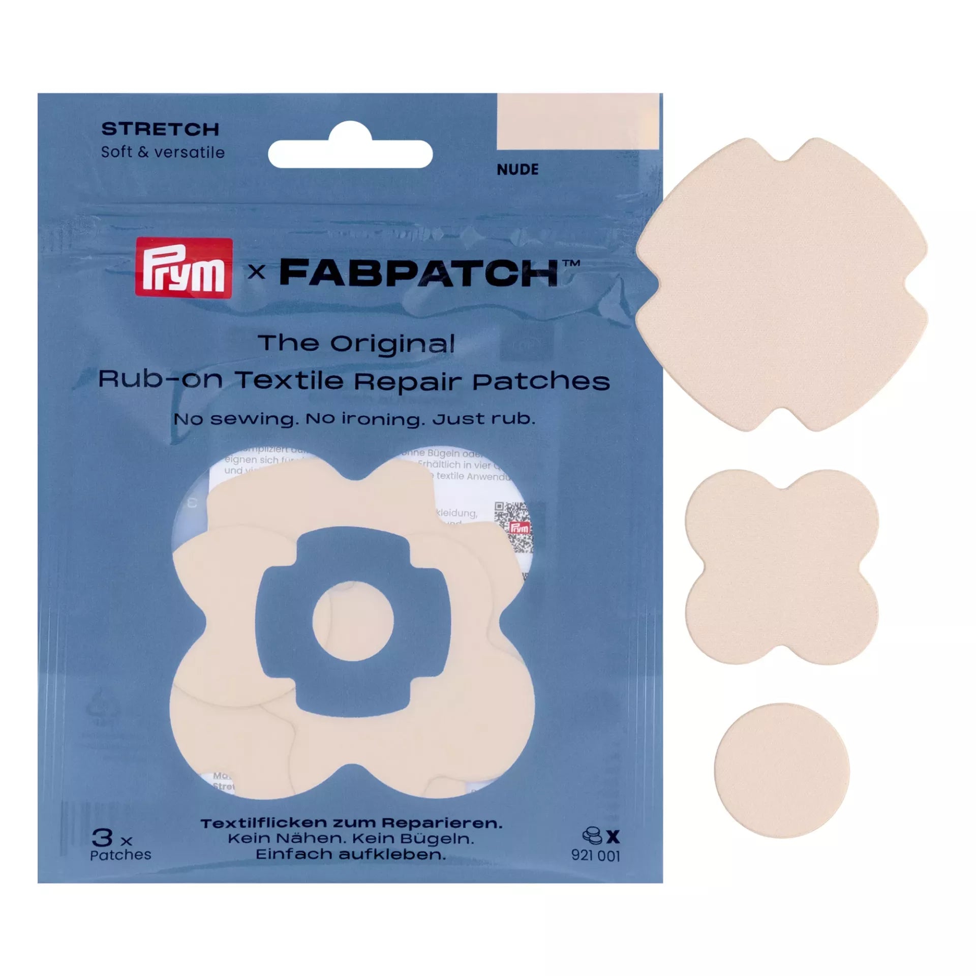 Prym Rub-on Stretch Patches in nude, featuring three self-adhesive shapes for textile repair.