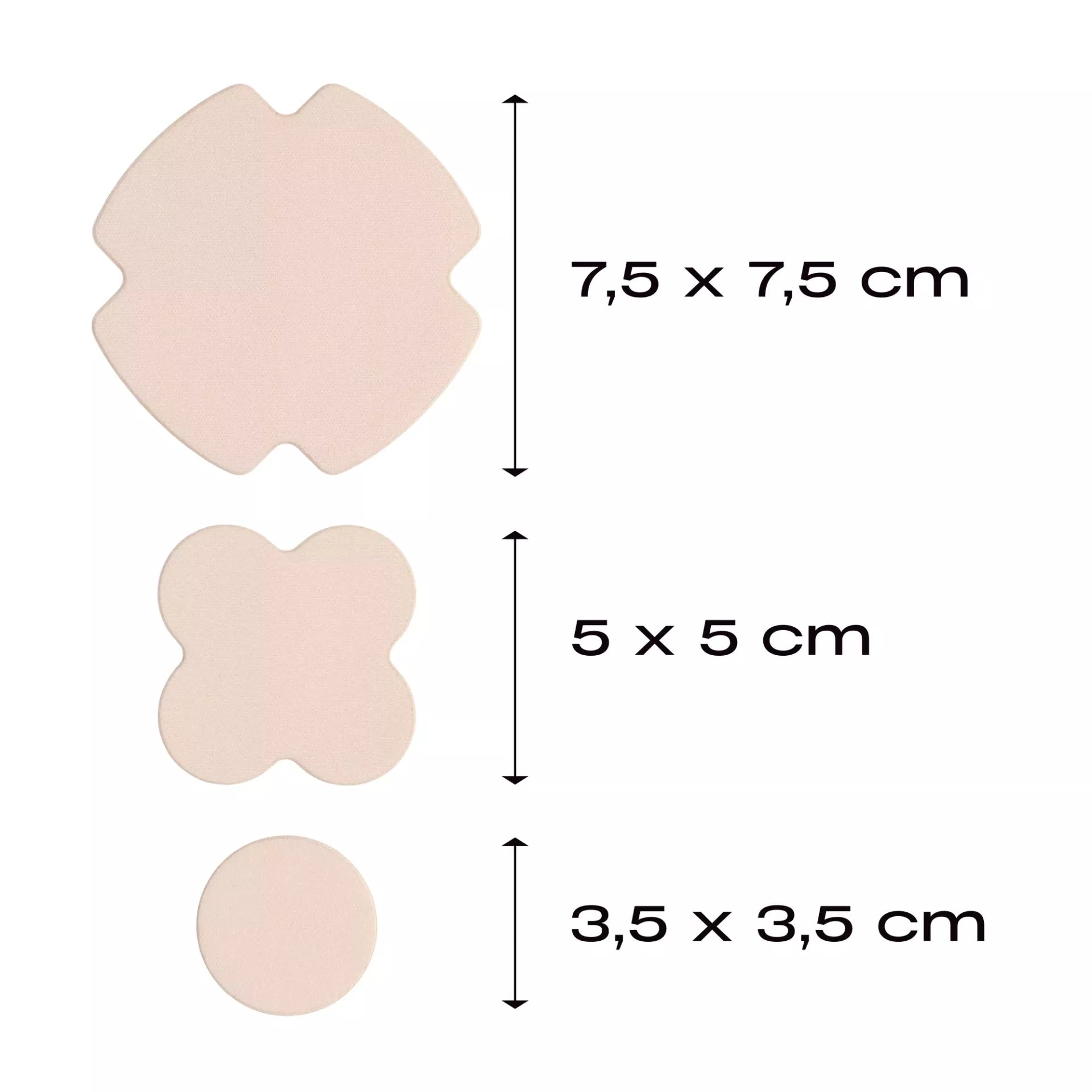 Three light pink self-adhesive stretch patches in various shapes and sizes with dimensions shown.