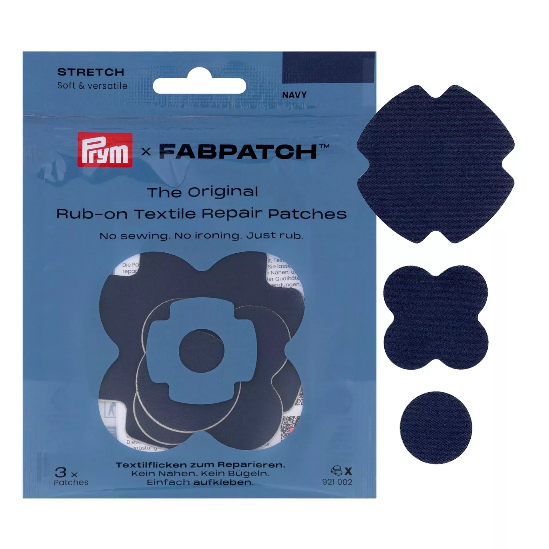 Prym Rub-on Stretch Patches in navy blue with three assorted shapes and sizes in a blue package.