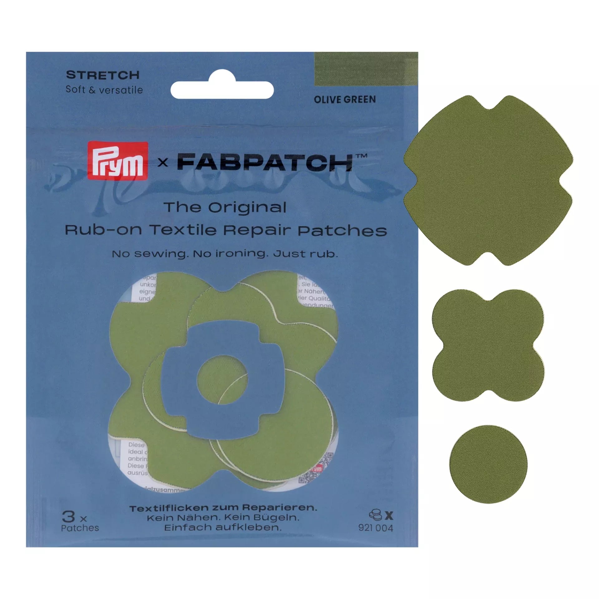 Prym Rub-on Stretch Patches in olive green with three assorted shapes for textile repair.