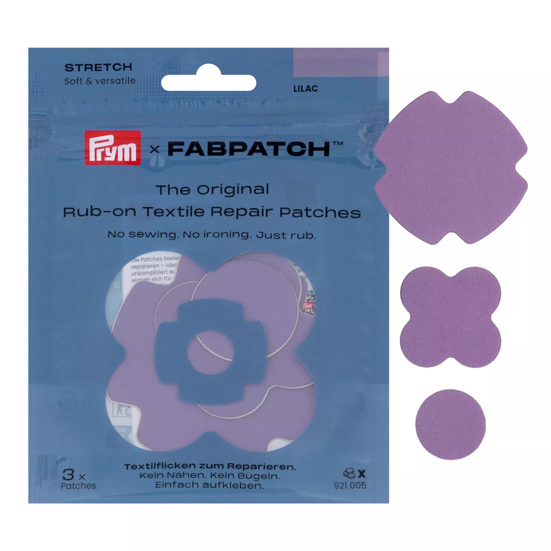 Prym Rub-on Stretch Patch in lilac with three self-adhesive recycled polyester patches.