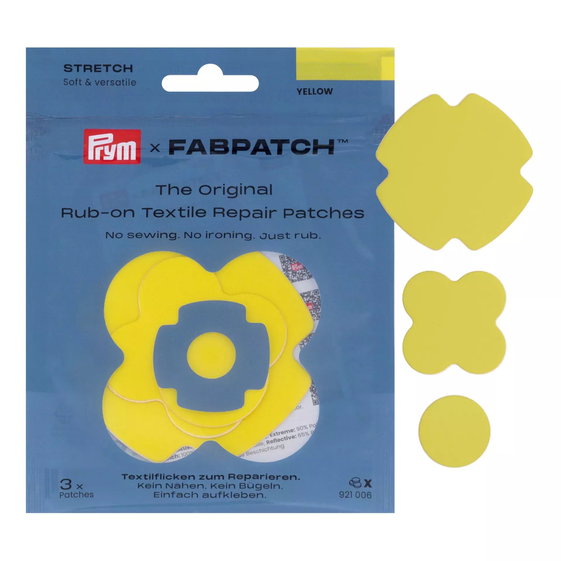 Prym Rub-on Stretch Patch set in yellow with three self-adhesive recycled polyester patches.