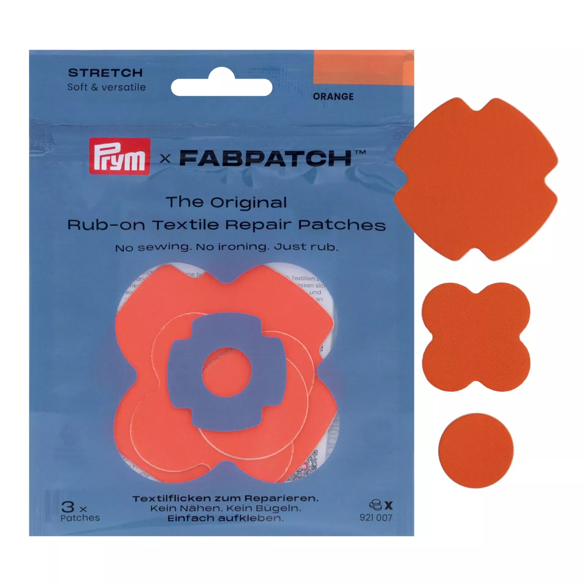 Prym Rub-on Stretch Patch in orange, featuring three self-adhesive recycled polyester shapes.