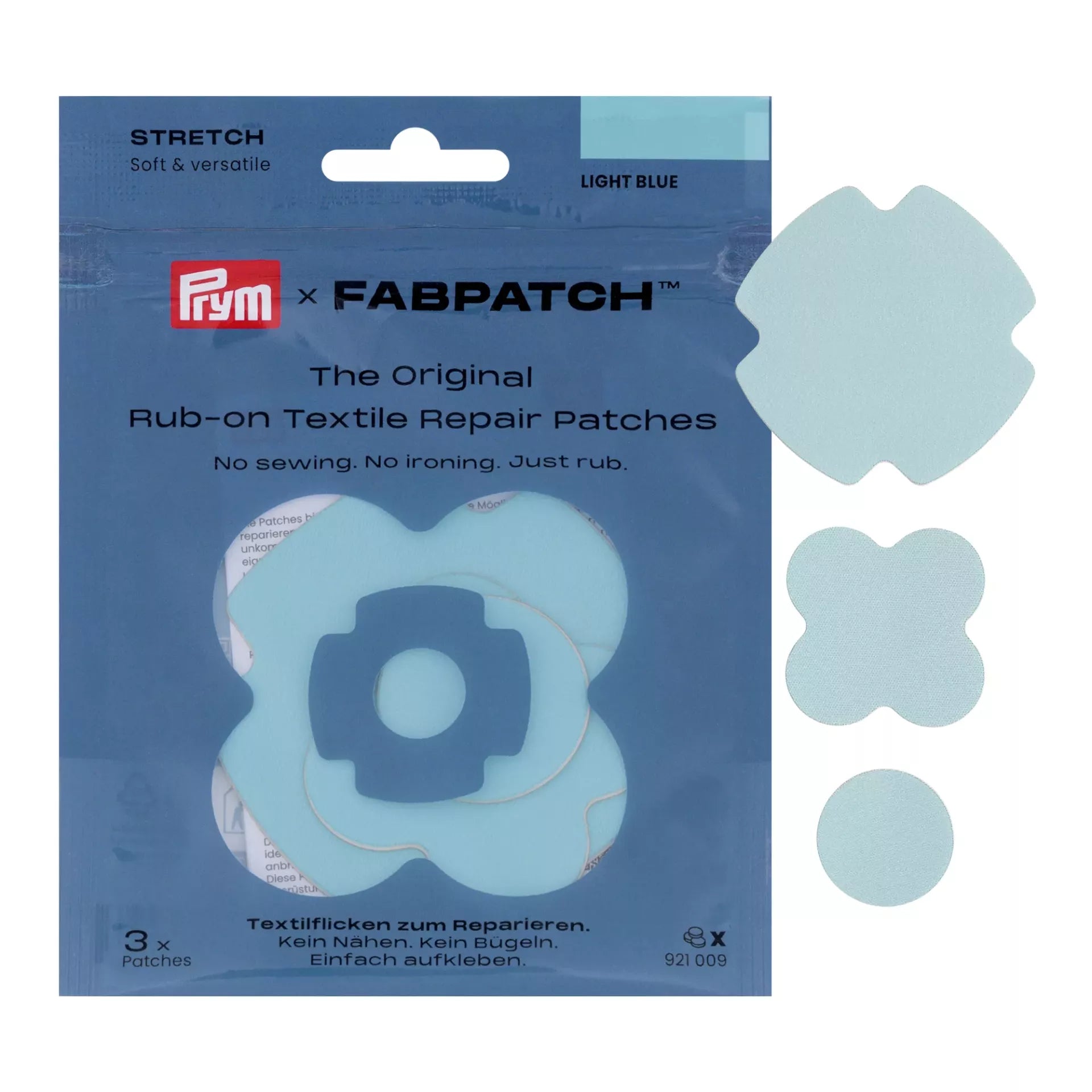 Prym Rub-on Stretch Patches in light blue, featuring three different shapes and sizes.