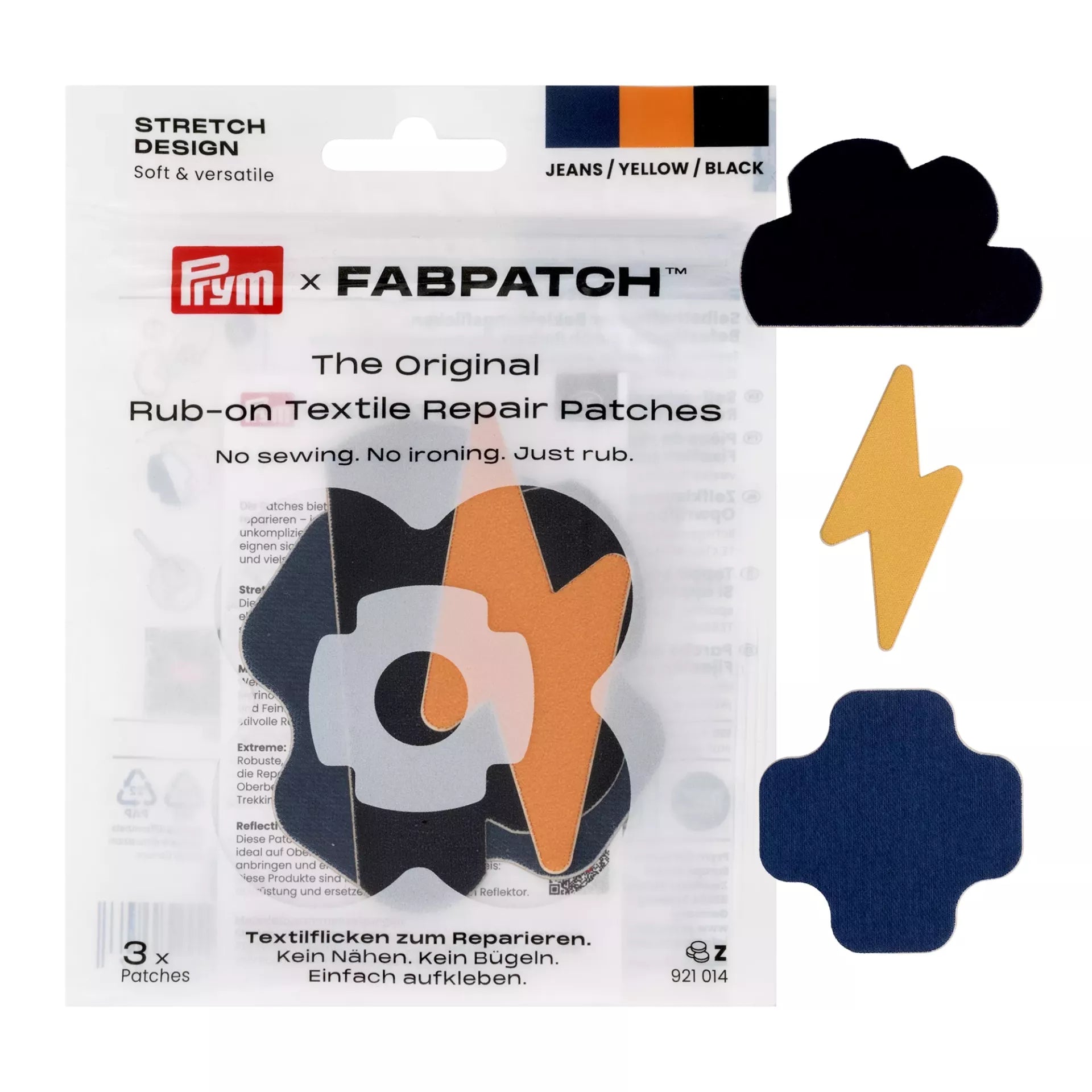 Prym Rub-on Stretch Patches in cloud, lightning, and cross shapes in black, yellow, and jeans blue.