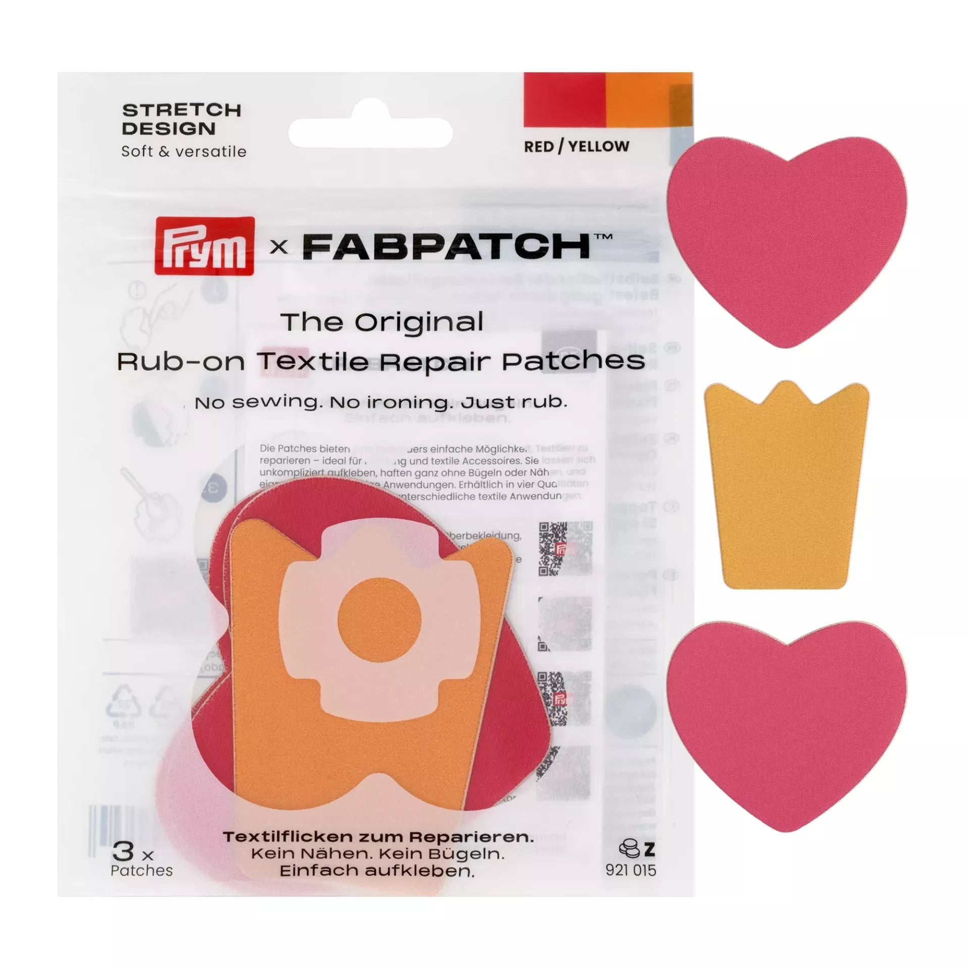 Prym Rub-on Stretch Patches in red and yellow, featuring two heart shapes and one crown shape.