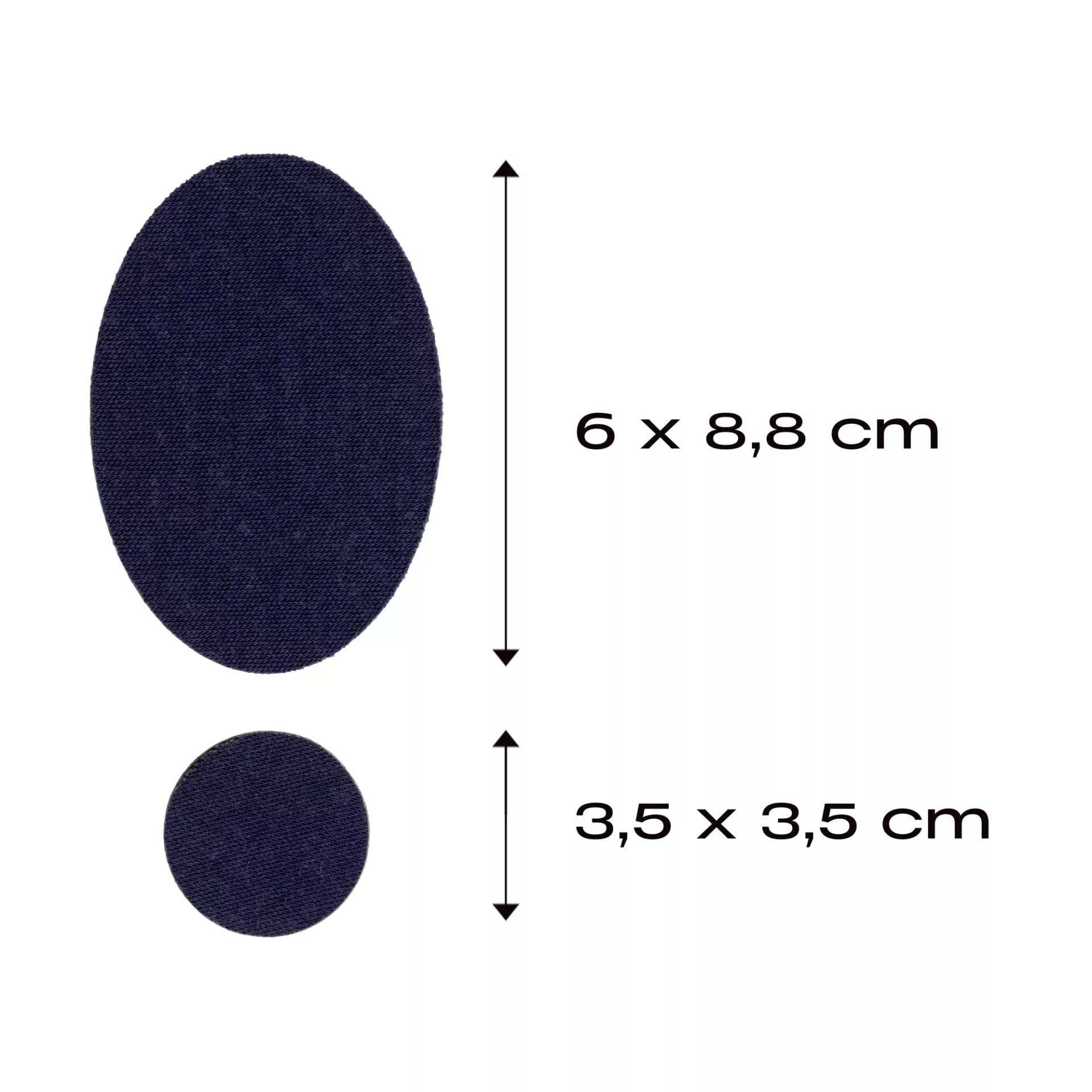 Two navy blue merino wool self-adhesive patches in oval and round shapes with dimensions shown.