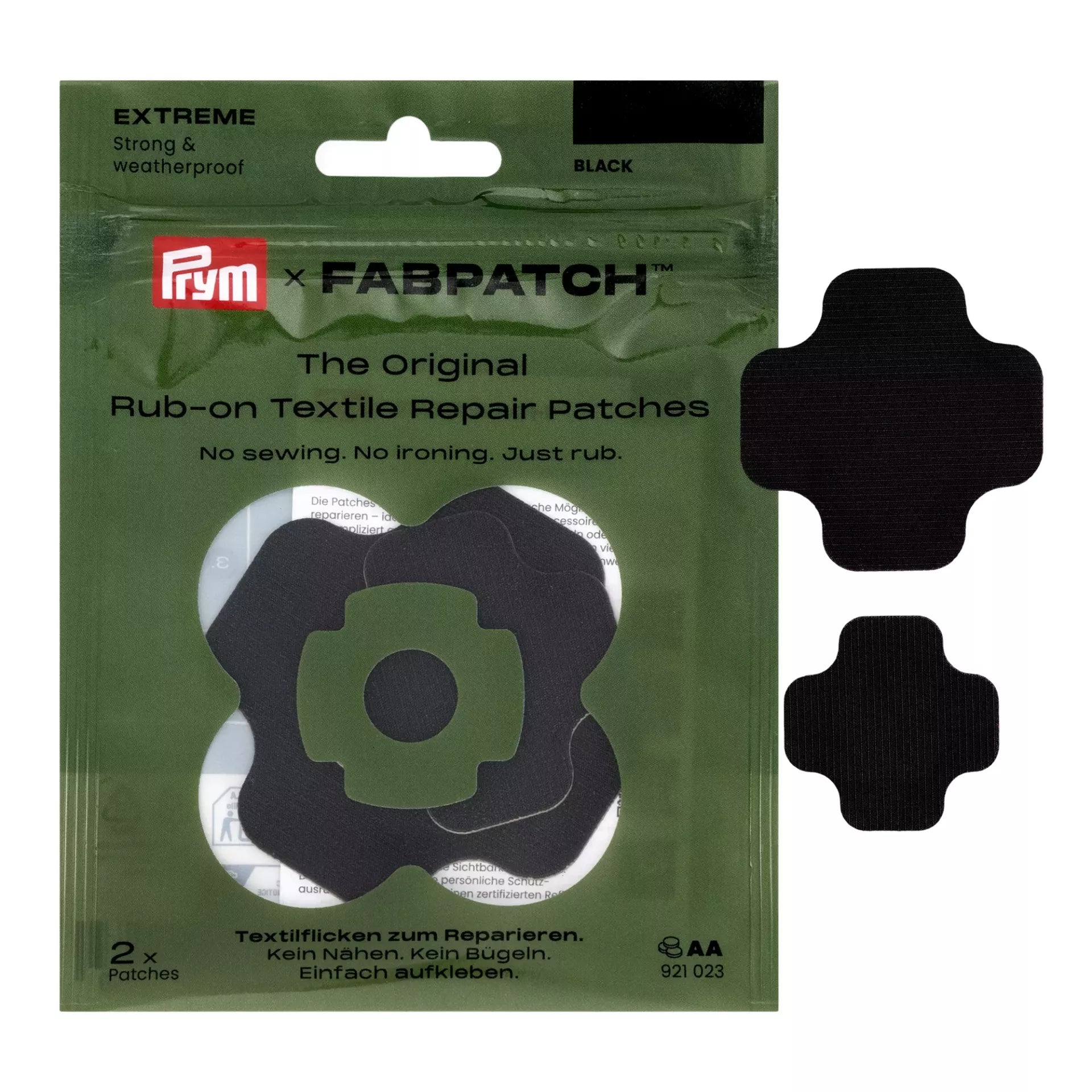 Prym x Fabpatch Extreme black waterproof rub-on textile repair patches in a two-pack.
