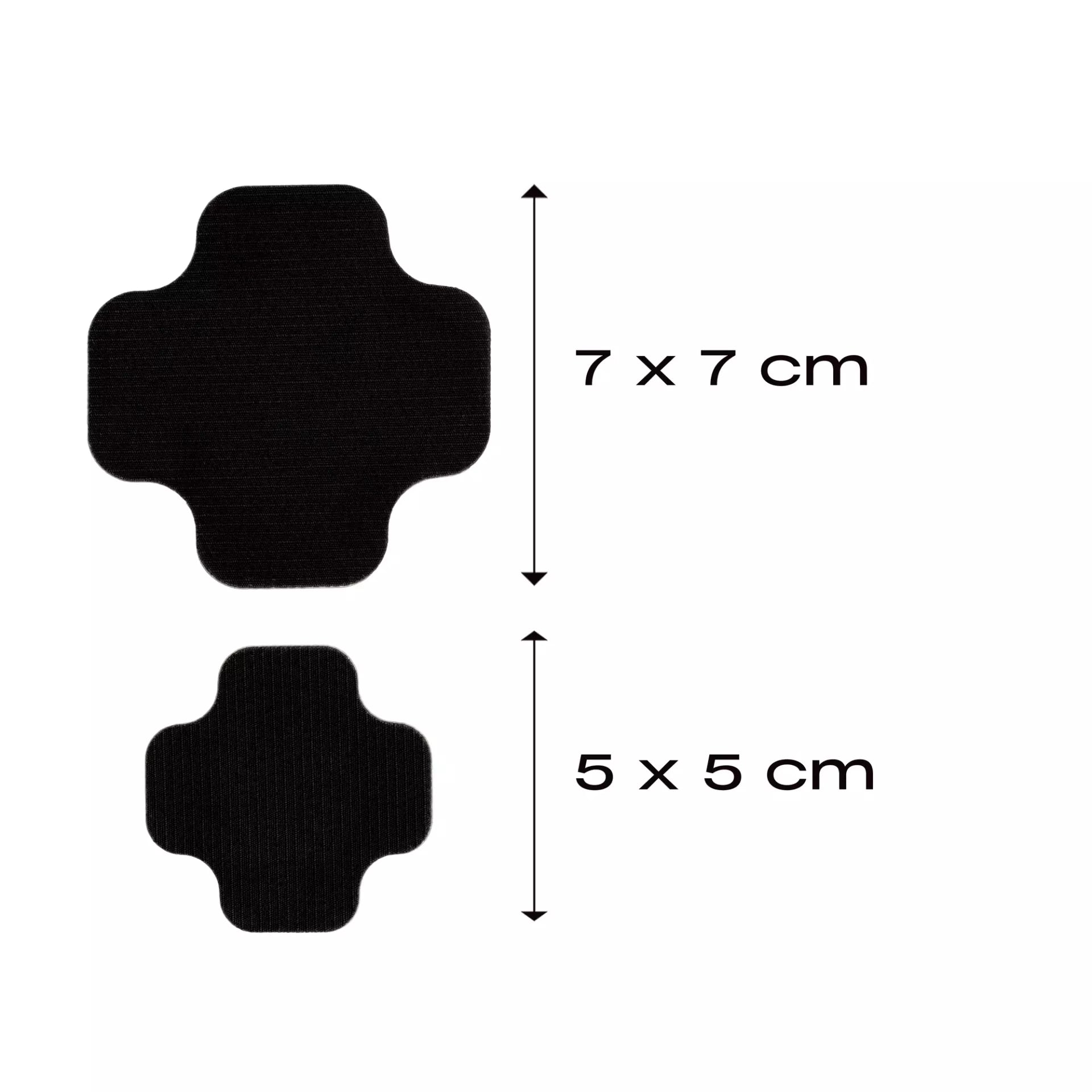 Two black cross-shaped waterproof repair patches in sizes 7 by 7 cm and 5 by 5 cm.