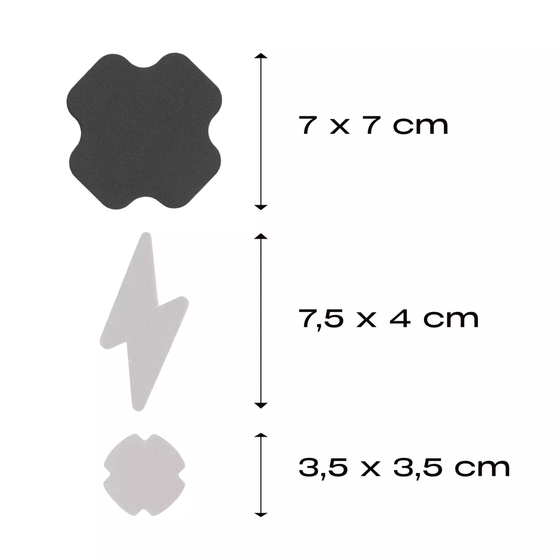 Three reflective rub-on repair patches in black and grey with dimensions for each shape.