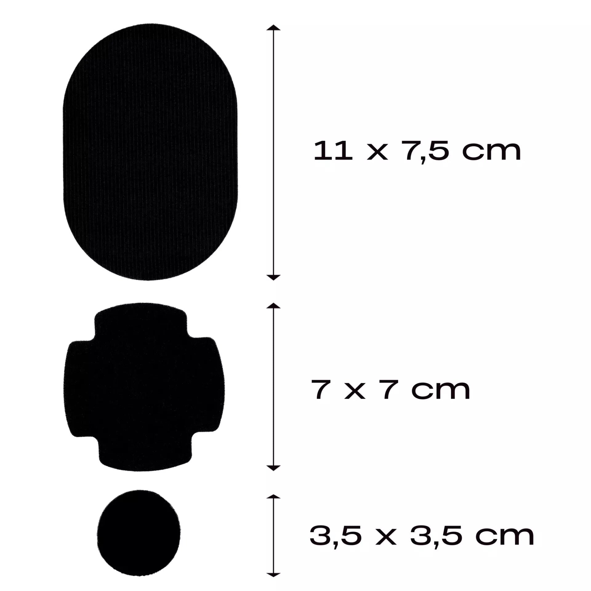Three black textile repair patches in oval, cross, and circle shapes with dimensions in centimeters.