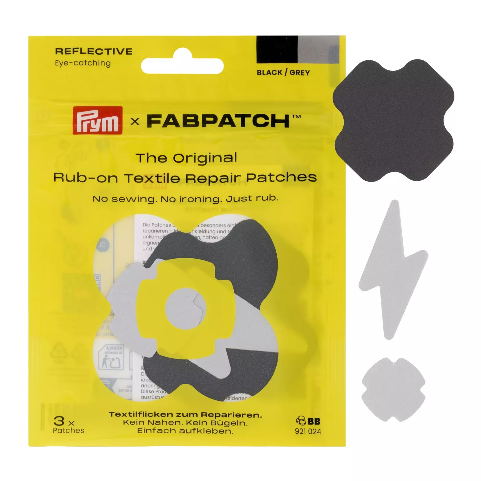 Prym x Fabpatch reflective rub-on repair patches in black and grey with three unique shapes.