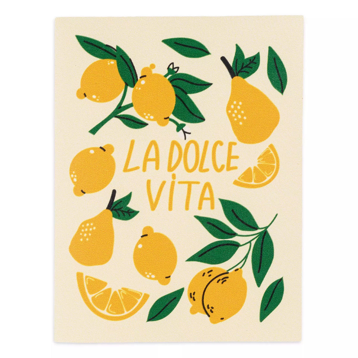 Multicoloured iron-on appliqué featuring lemons, leaves, and the text "LA DOLCE VITA".