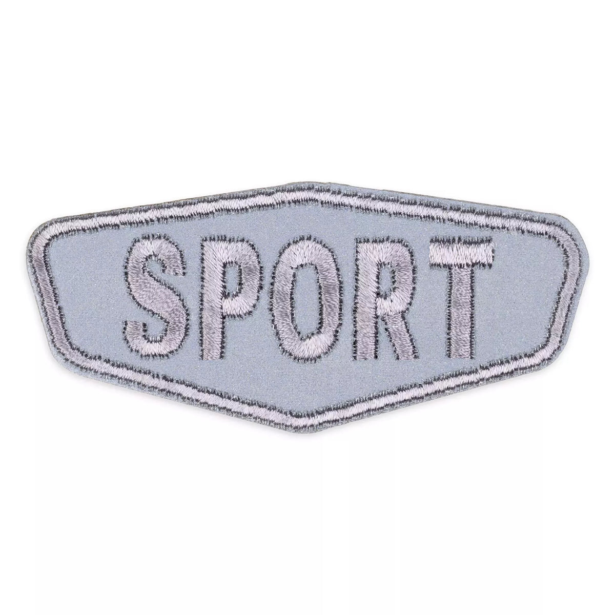 Grey reflective iron-on patch with embroidered SPORT text in a hexagonal shape.