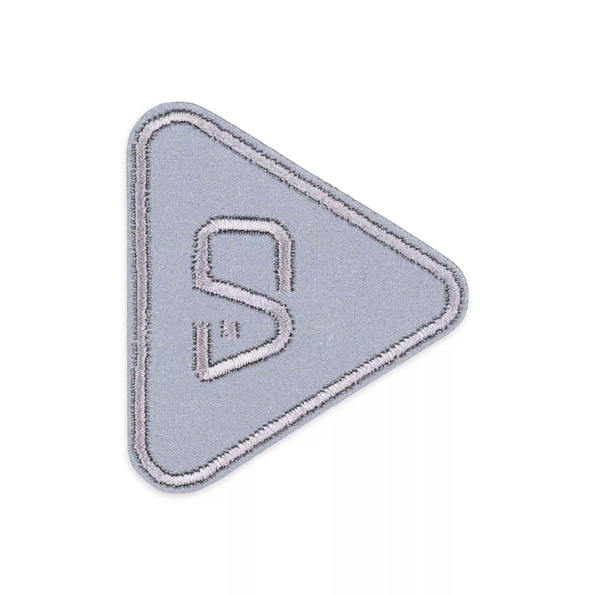 Grey reflective triangle appliqué with an embroidered 'S' logo and border.