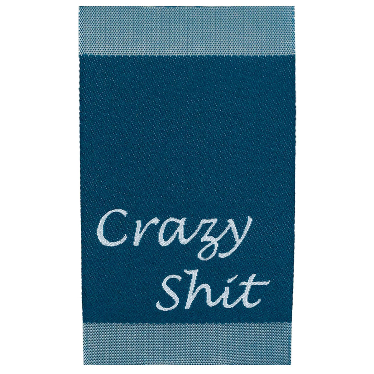 Prym blue jeans label with white embroidered 'Crazy Shit' text for sewing on clothing.