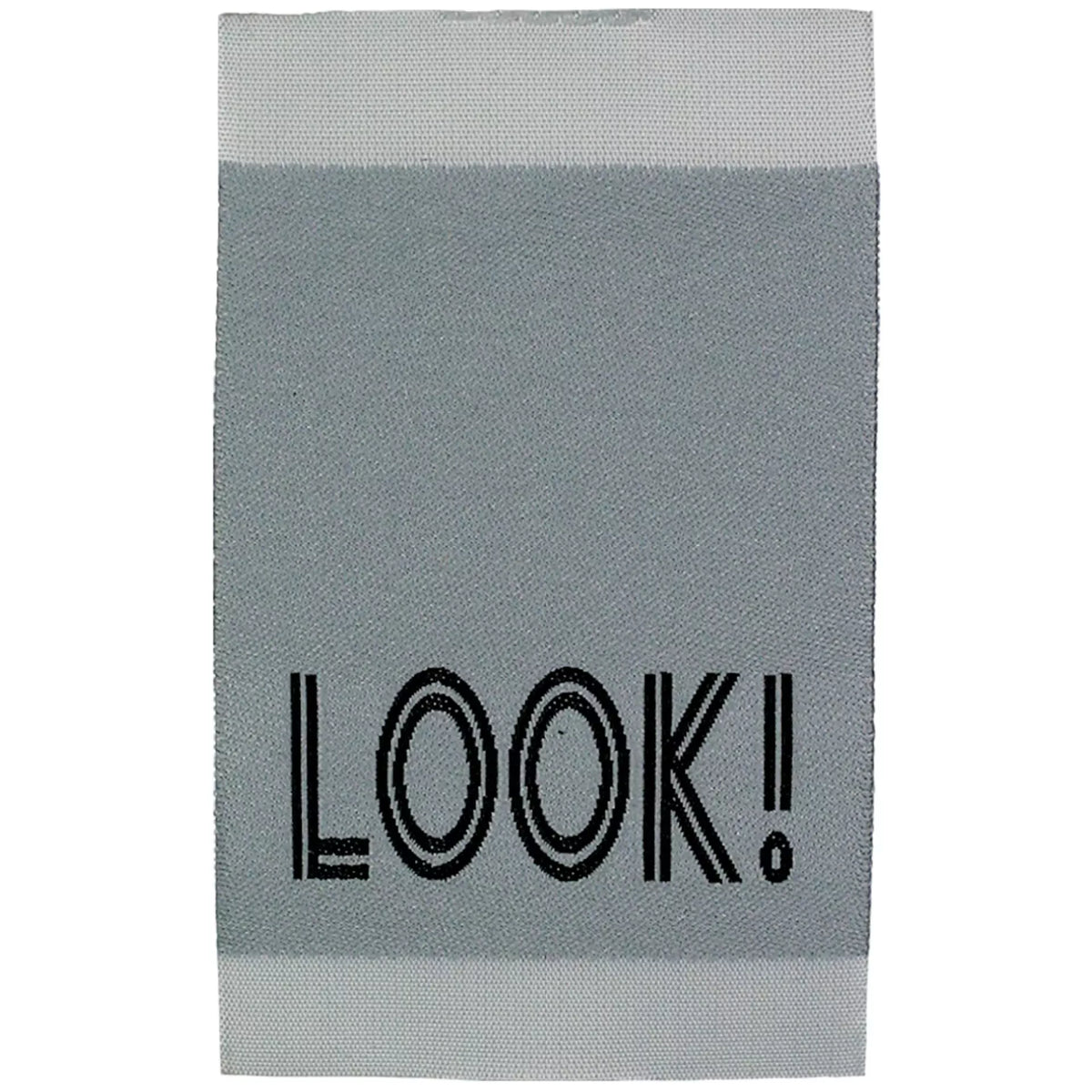 Prym grey iron-on jeans label with black 'LOOK!' text in a stylized font.