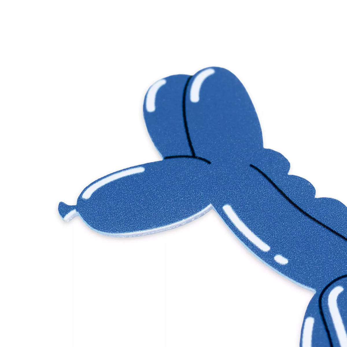 Close-up of a blue balloon poodle iron-on appliqué with white highlights and black outlines.