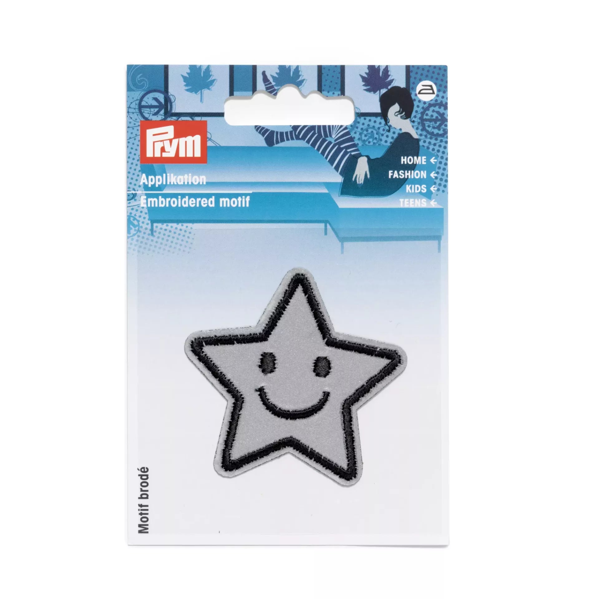 A silver reflective star-shaped iron-on applique with a black embroidered smiley face.