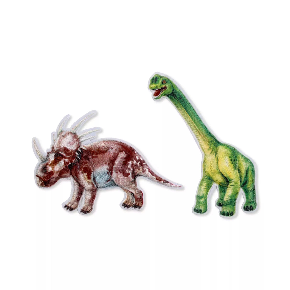 Two embroidered dinosaur appliqués: a brown Styracosaurus and a long-necked green Brachiosaurus.
