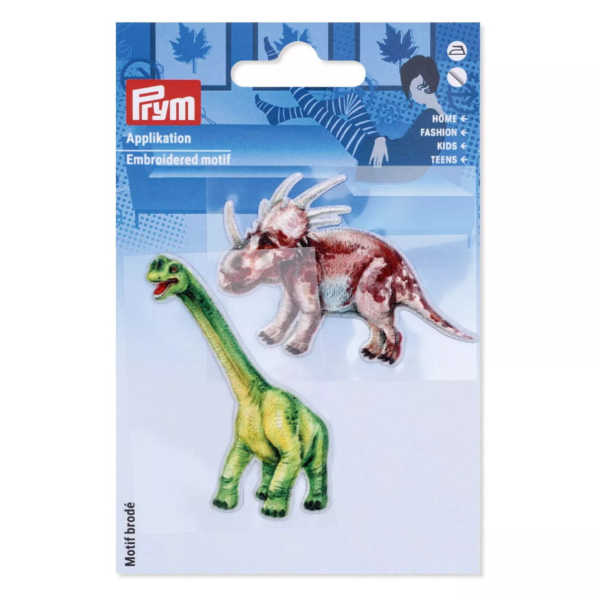Two embroidered dinosaur iron-on patches, a green long-neck and a brown triceratops, in packaging.
