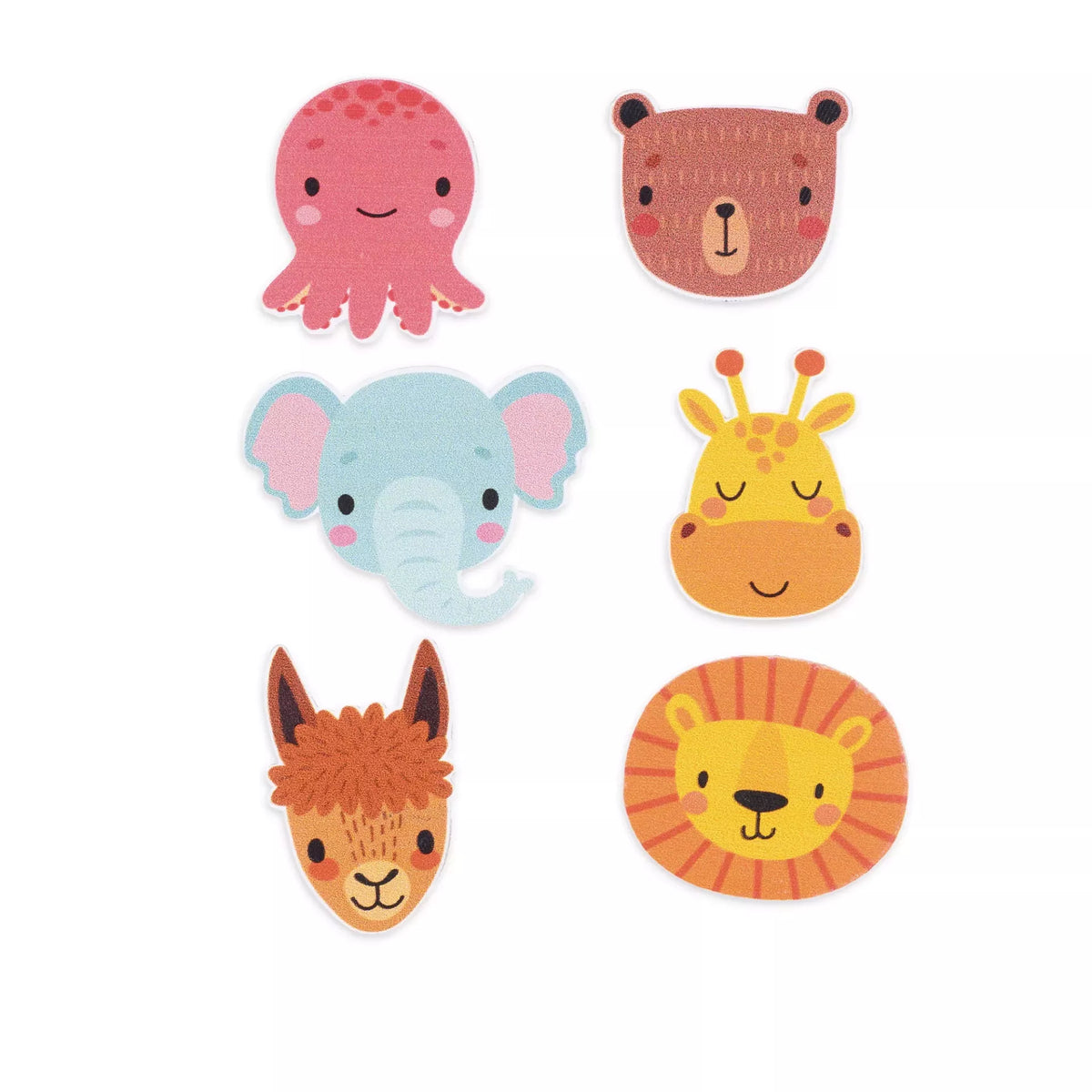 Six multicoloured animal iron-on appliqués featuring an octopus, bear, elephant, giraffe, llama, lion