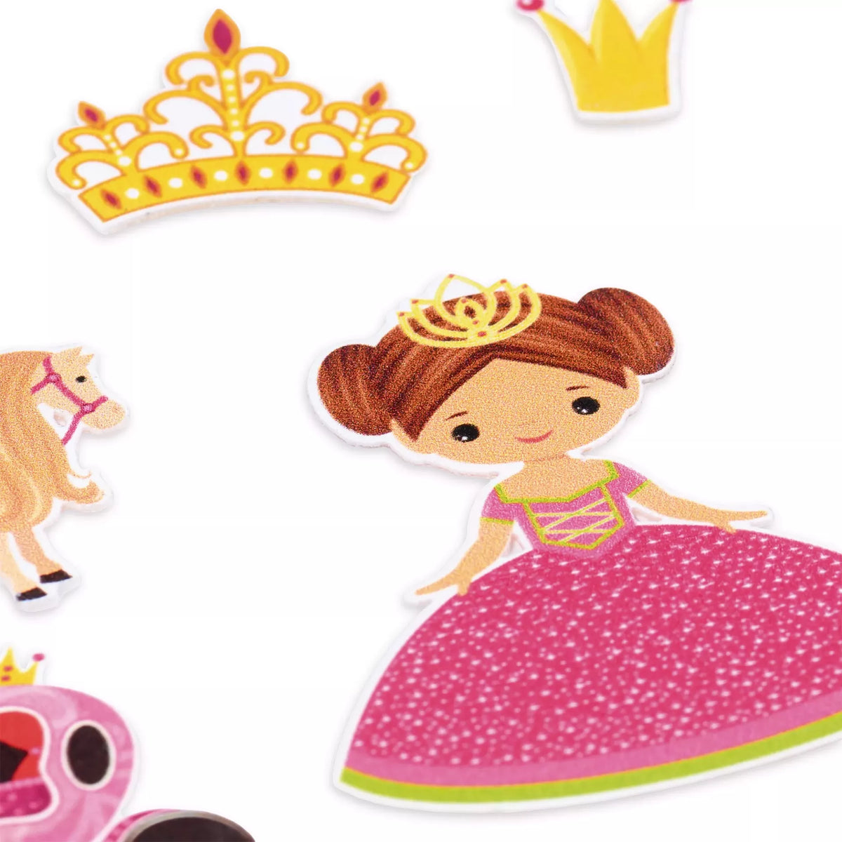 Multicoloured iron-on appliqués featuring a princess, crowns, and a horse.