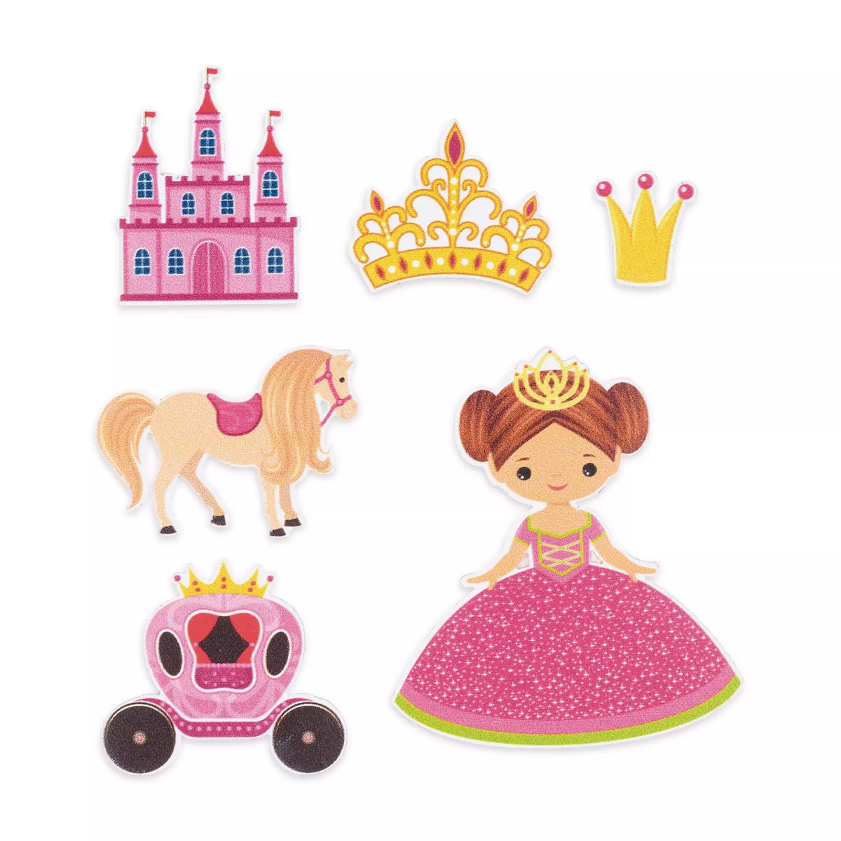 Six multicoloured princess-themed iron-on appliqués including a castle, horse, and carriage.