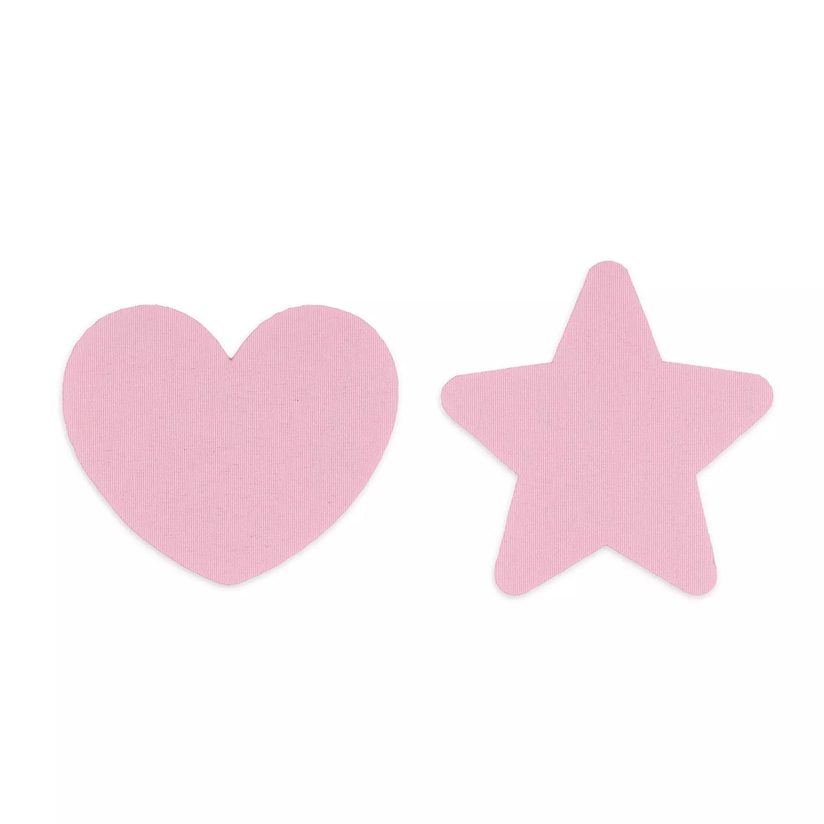 Two pale pink fabric appliqués in the shape of a heart and a five-pointed star.