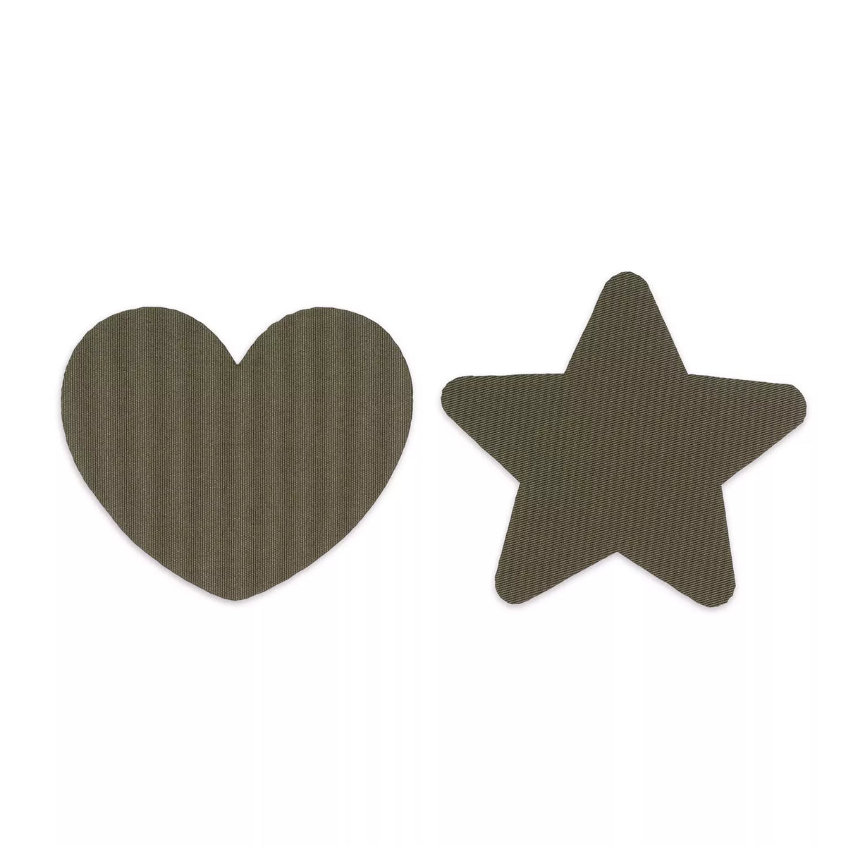 Two self-adhesive fabric appliqués in the shape of a heart and a star in a muted olive green tone.