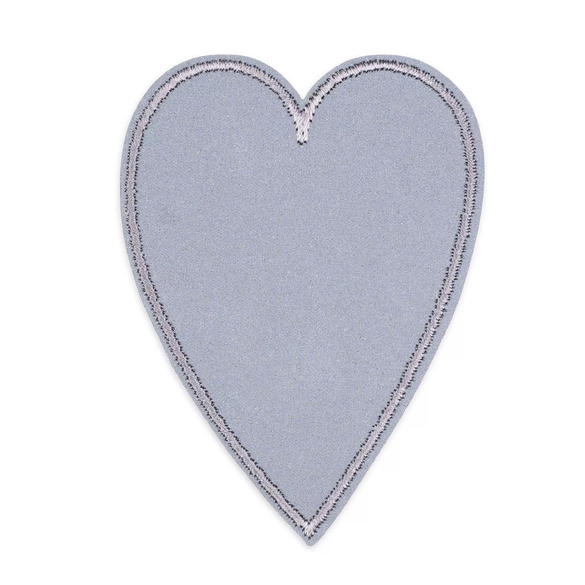 Grey reflective heart-shaped iron-on appliqué with stitched border.