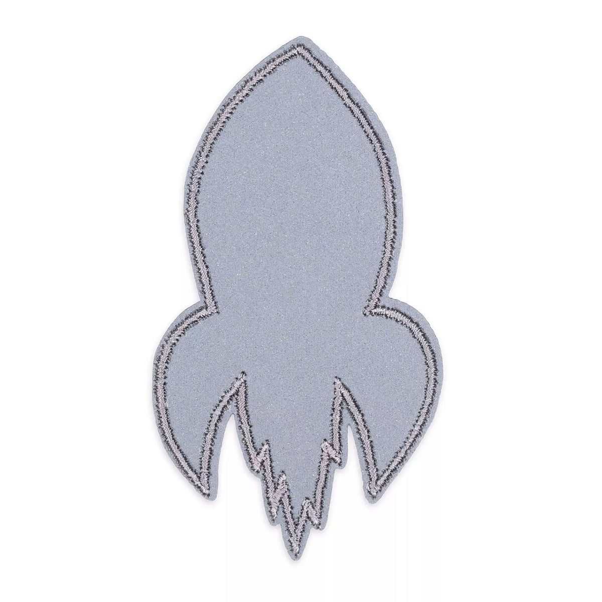 Grey reflective rocket-shaped iron-on appliqué with embroidered silver border.