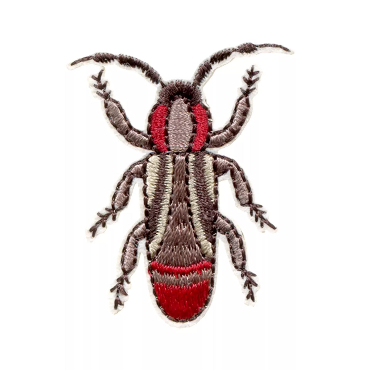 Embroidered Great Capricorn Beetle iron-on patch in red and brown with white accents.