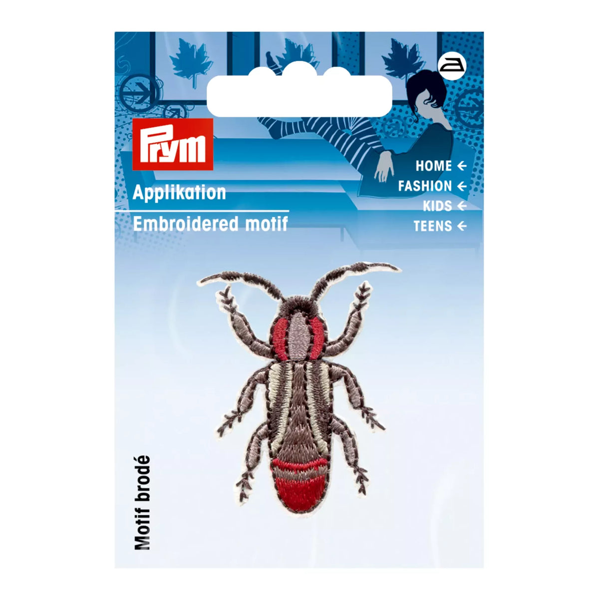 Prym iron-on embroidered appliqué featuring a red and brown Great Capricorn Beetle motif.