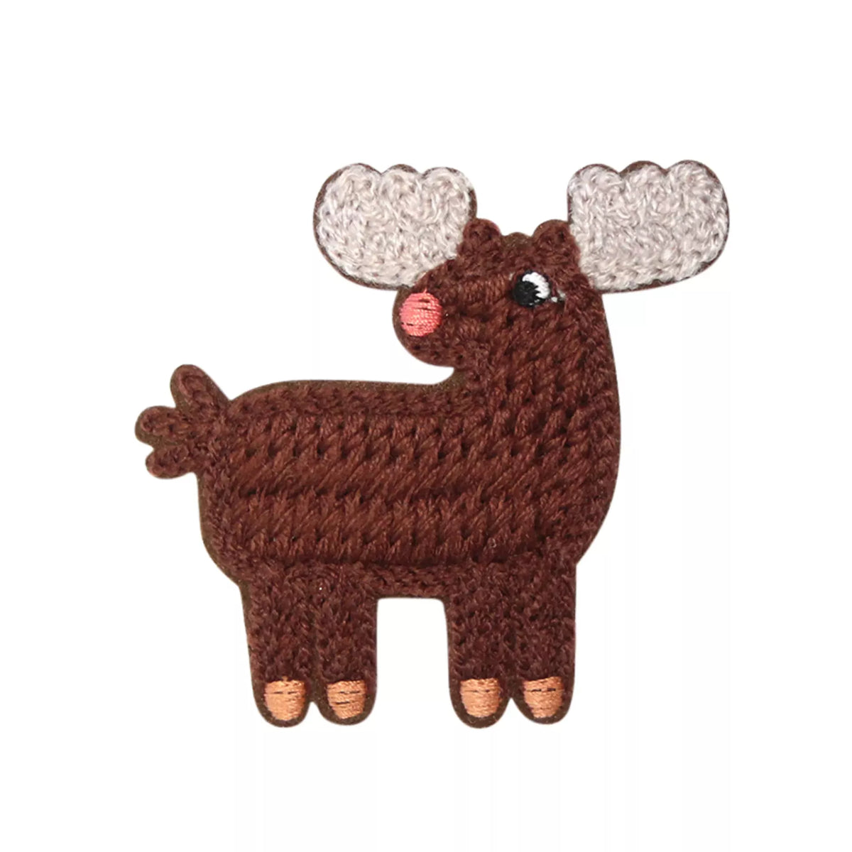 Prym iron-on brown moose appliqué with light grey antlers and a pink nose.