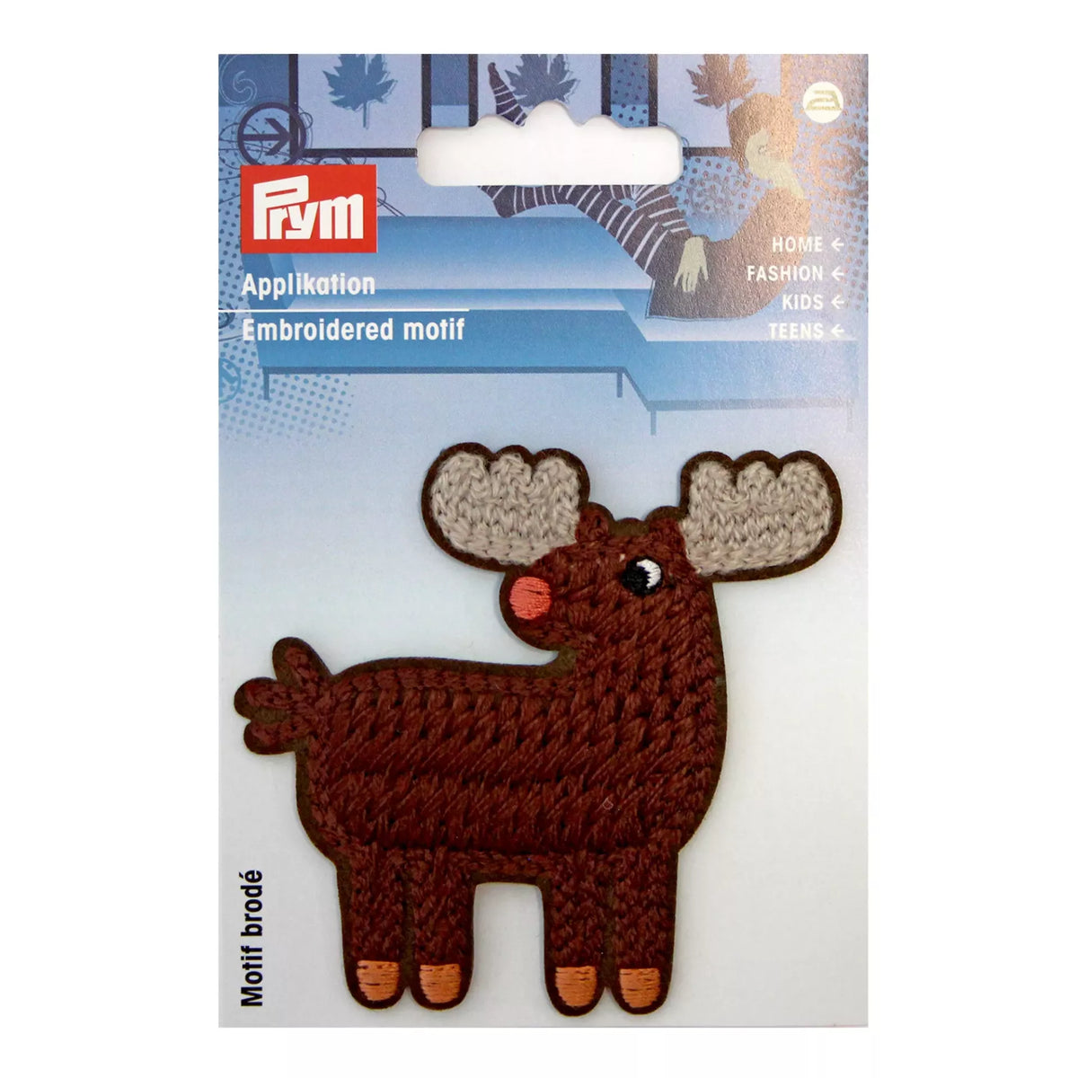Prym iron-on embroidered appliqué featuring a brown moose with grey antlers on a display card.