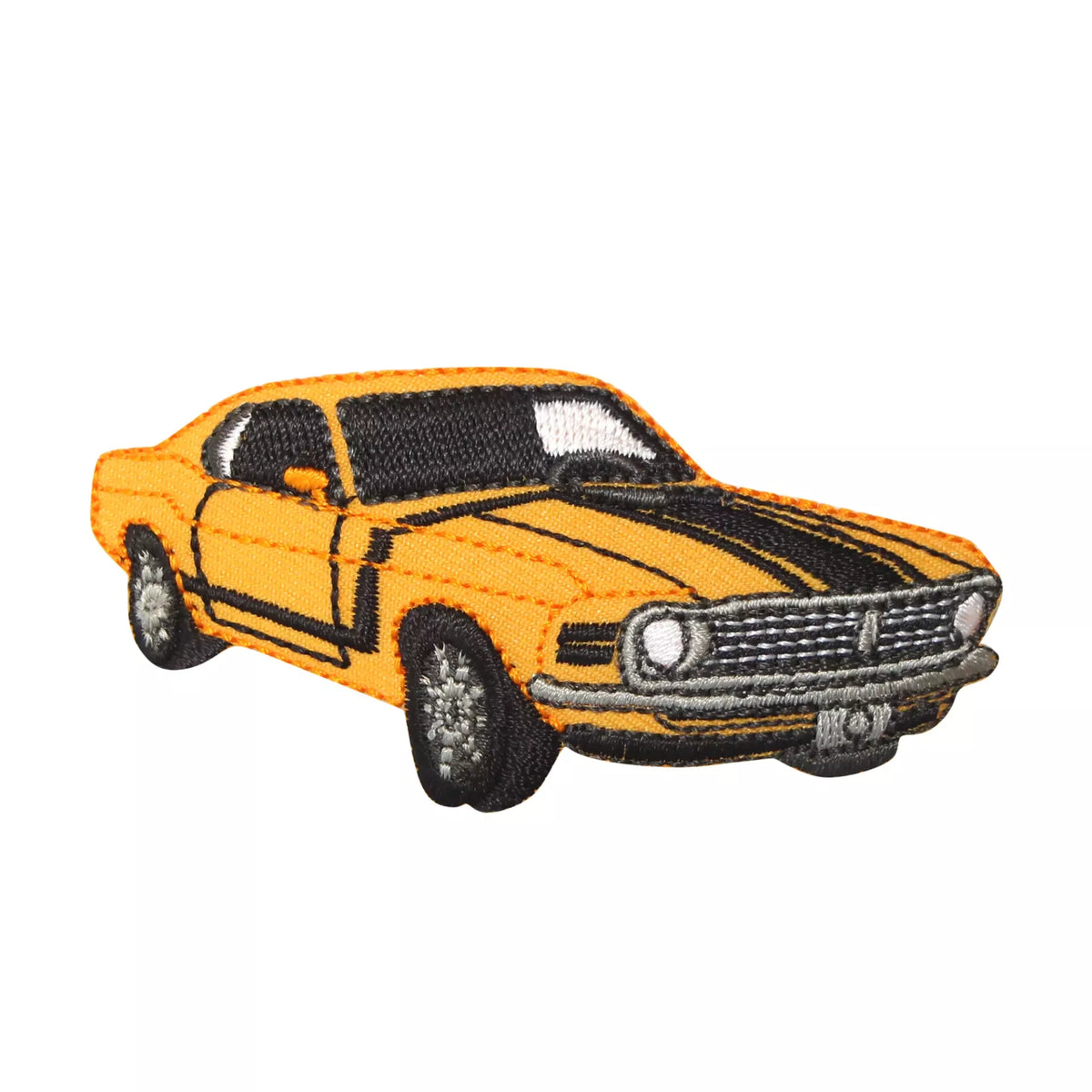 Prym iron-on embroidered appliqué of a yellow and black antique muscle car.