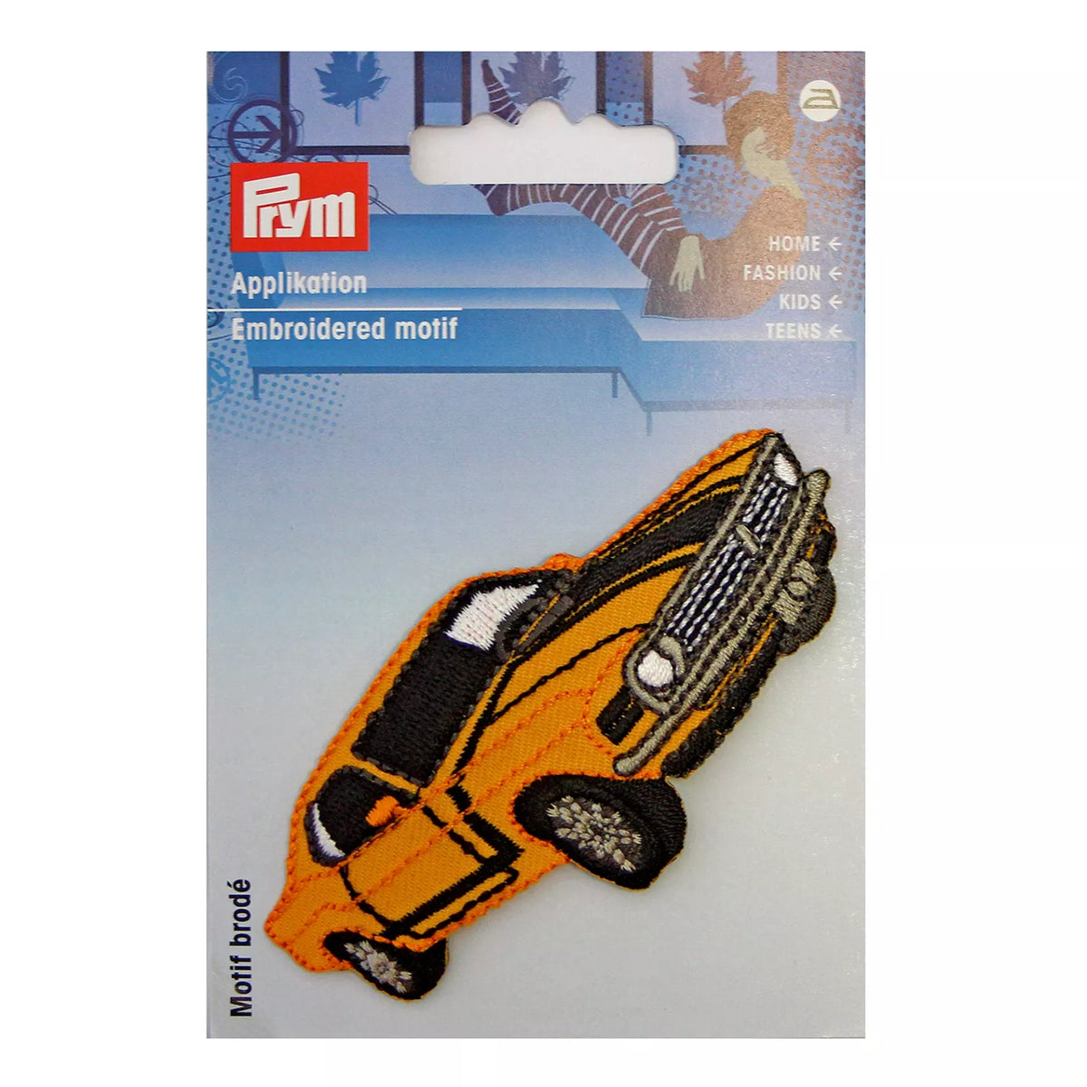 Prym embroidered iron-on appliqué of a yellow antique car on its original retail card packaging.