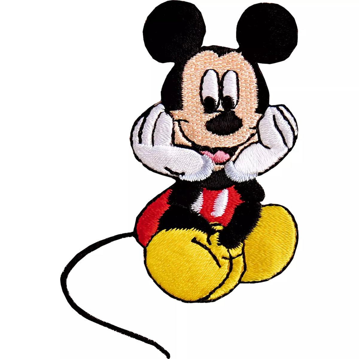 Embroidered iron-on Mickey Mouse appliqué sitting with hands on face and yellow shoes.