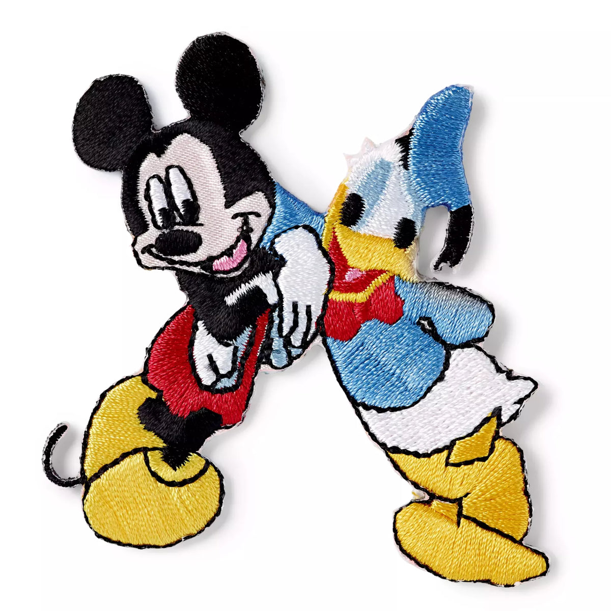 Embroidered iron-on appliqué featuring Mickey Mouse and Donald Duck leaning against each other.