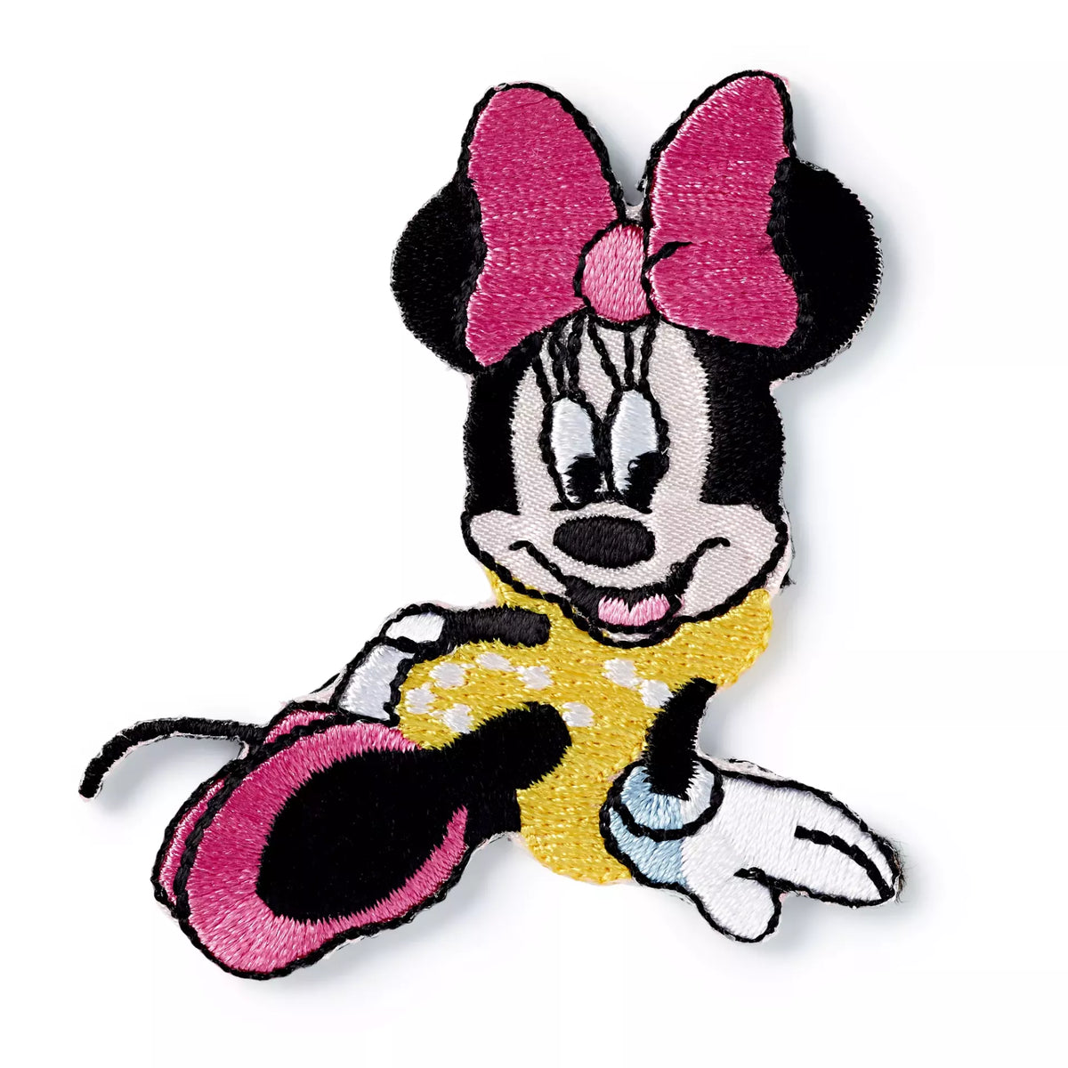 Prym iron-on Minnie Mouse embroidered appliqué with pink bow and yellow polka dot dress.