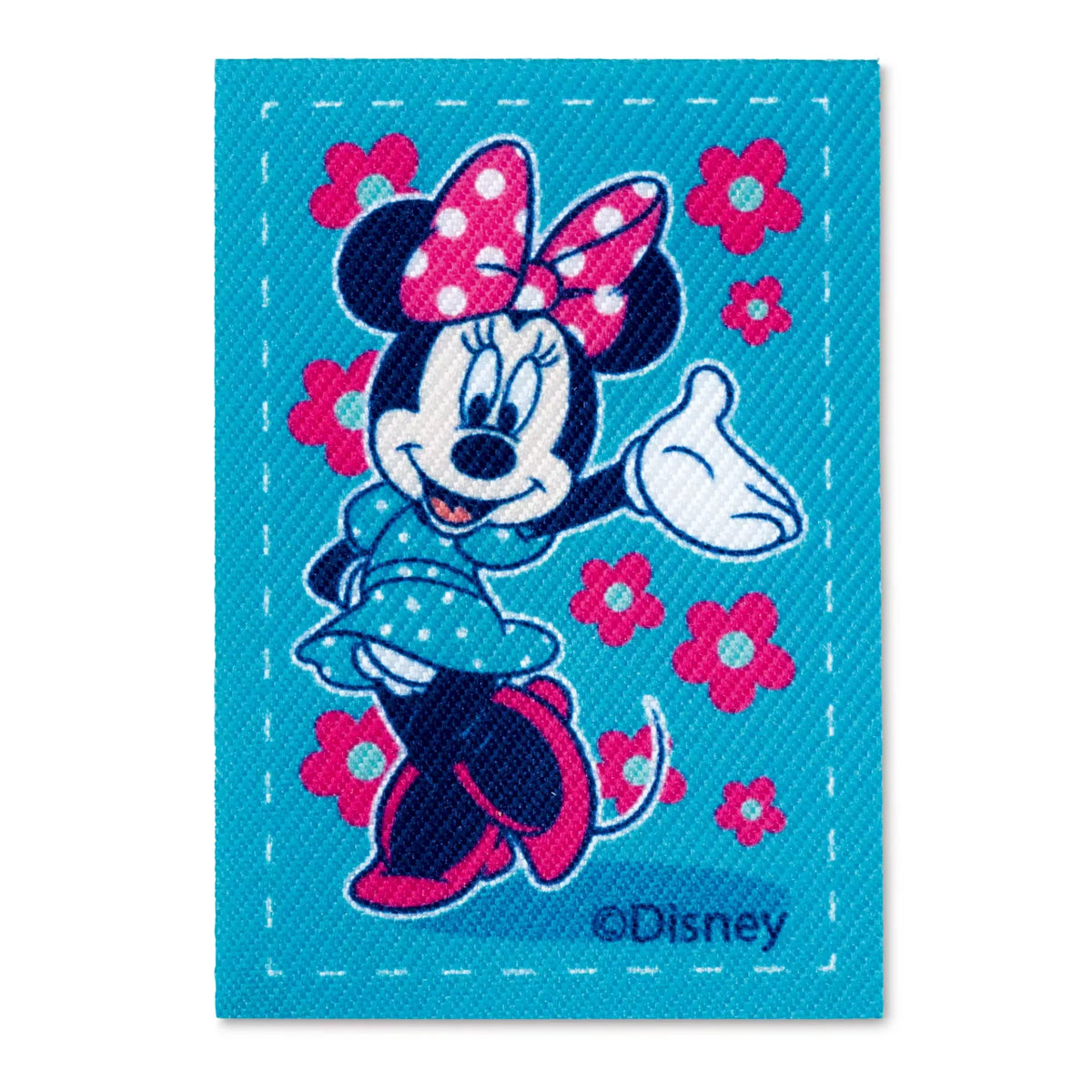 Prym iron-on appliqué featuring Minnie Mouse in a blue dress on a blue background with pink flowers.