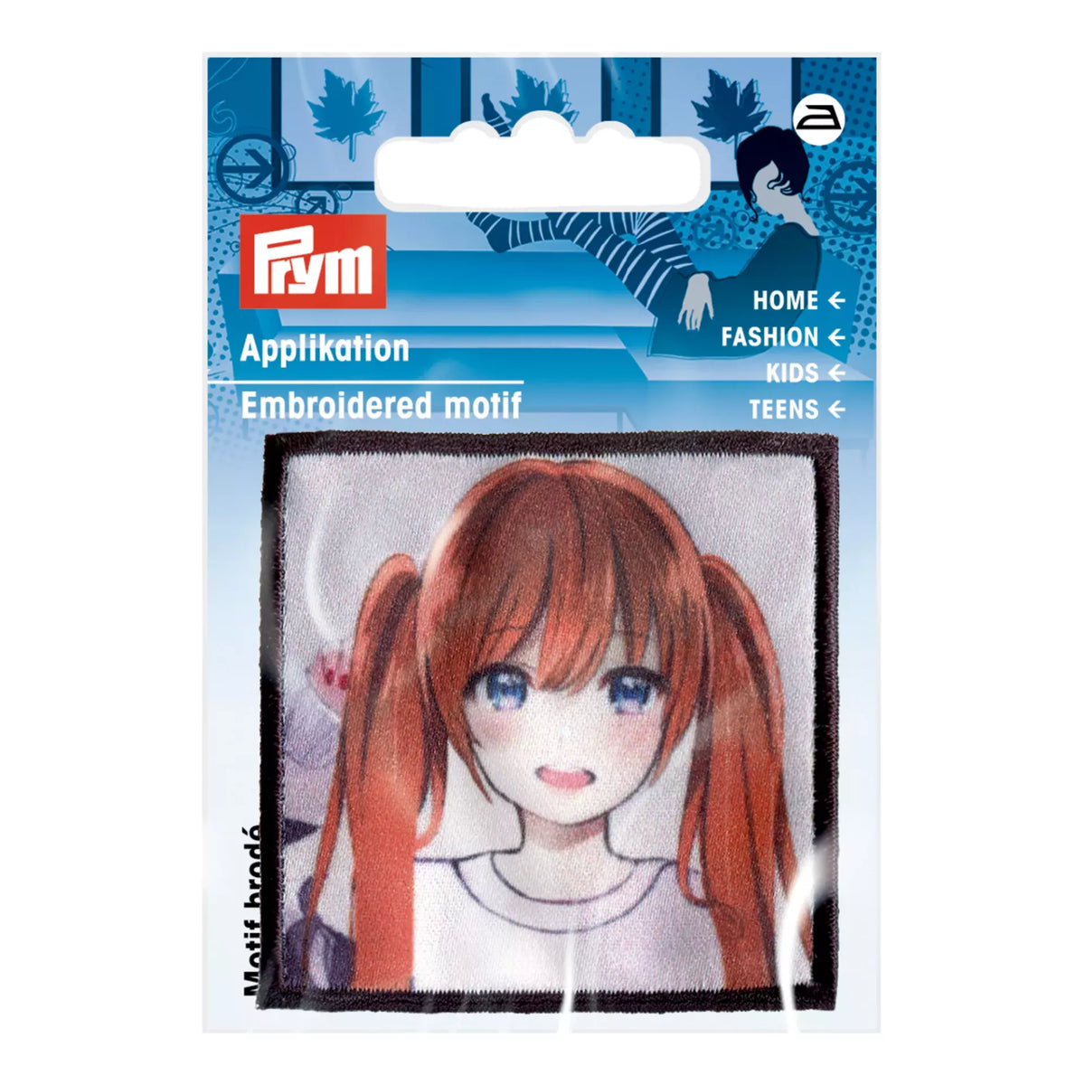 Prym iron-on appliqué featuring a square patch with a red-haired K-Pop style anime girl.