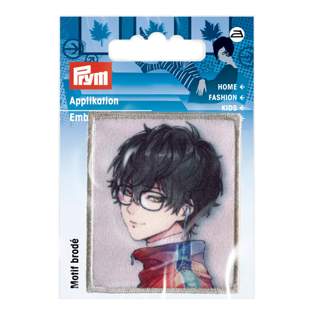 Prym iron-on appliqué featuring a K-Pop style boy with black hair and glasses on a 60x50mm patch.