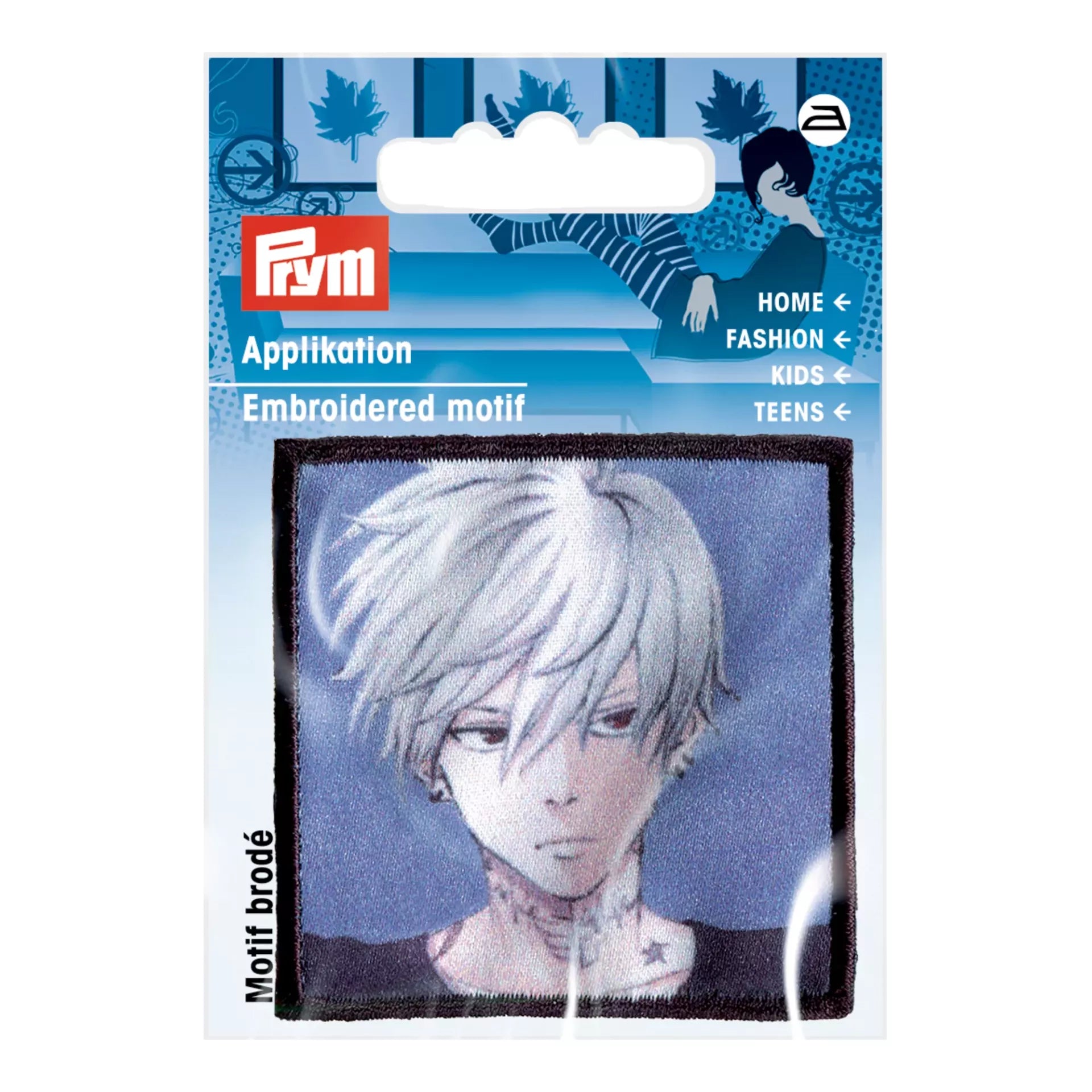 Prym iron-on appliqué featuring a K-Pop style boy with white hair on a blue background.
