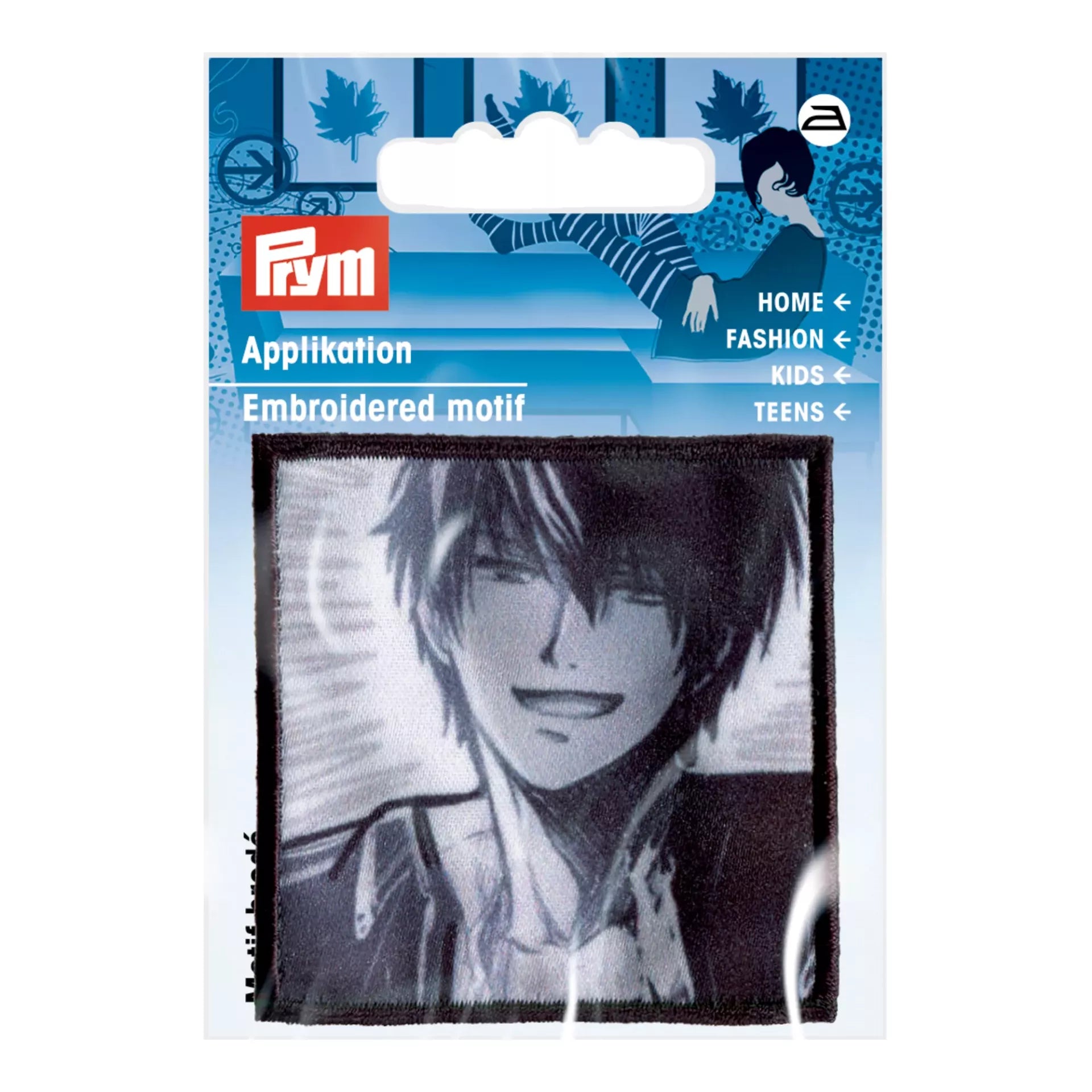 Prym iron-on appliqué featuring a black and white K-Pop boy motif on a 55mm x 55mm square patch.
