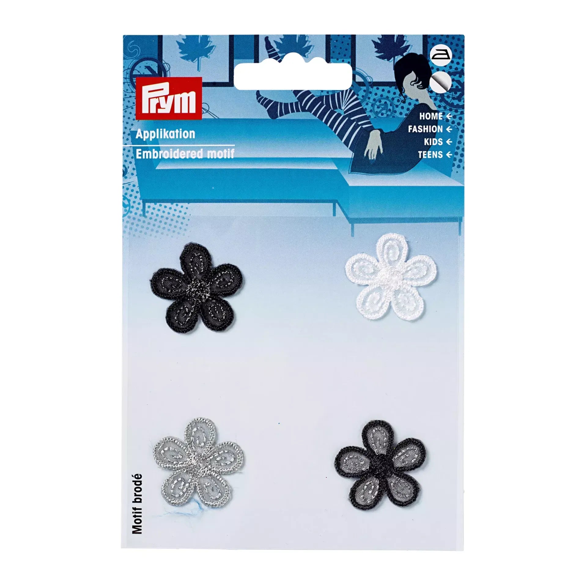 Prym Applique self-adhesive, iron-on Flowers black/light grey/ Patch Patches