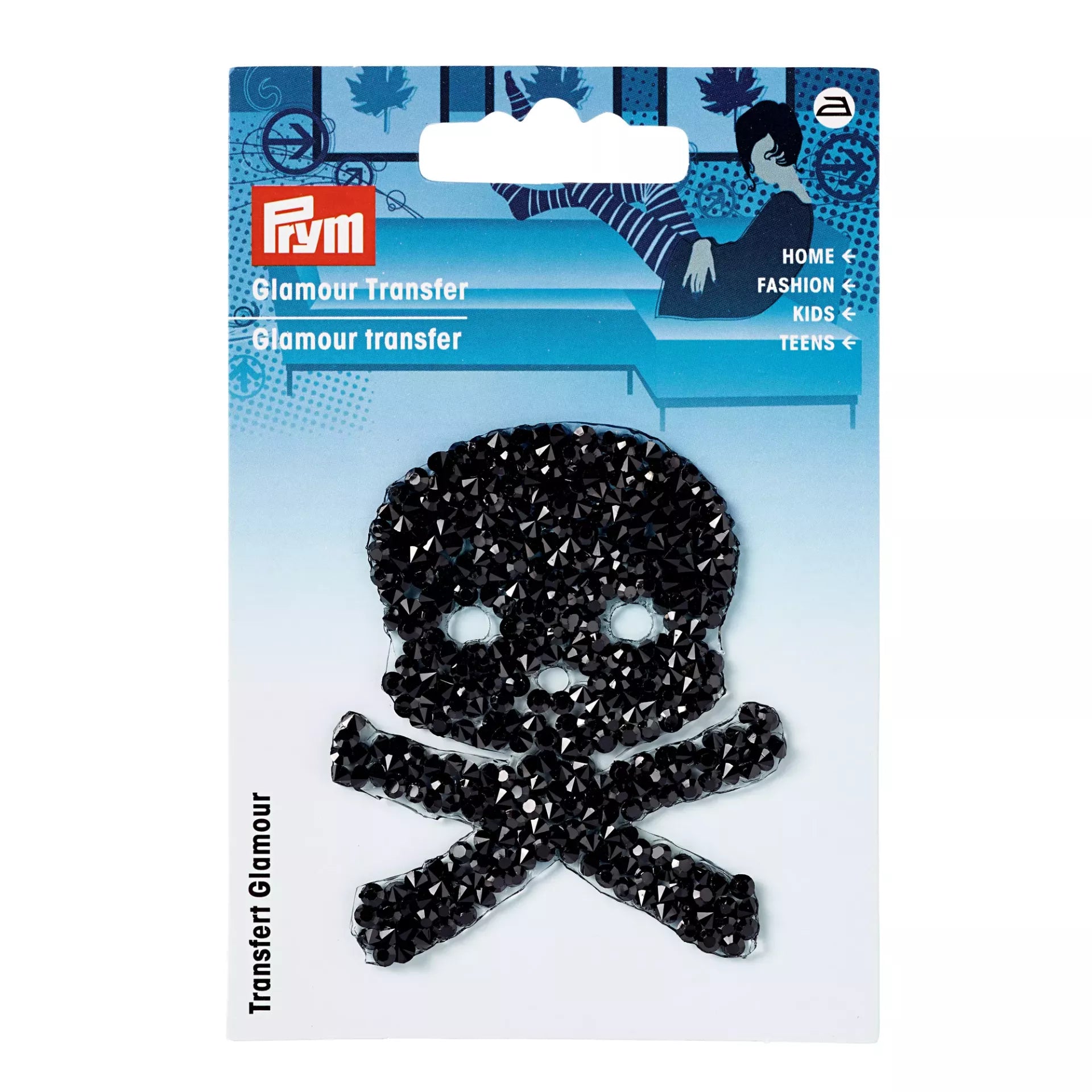 Prym iron-on glamour transfer featuring a black rhinestone skull and crossbones on a display card.