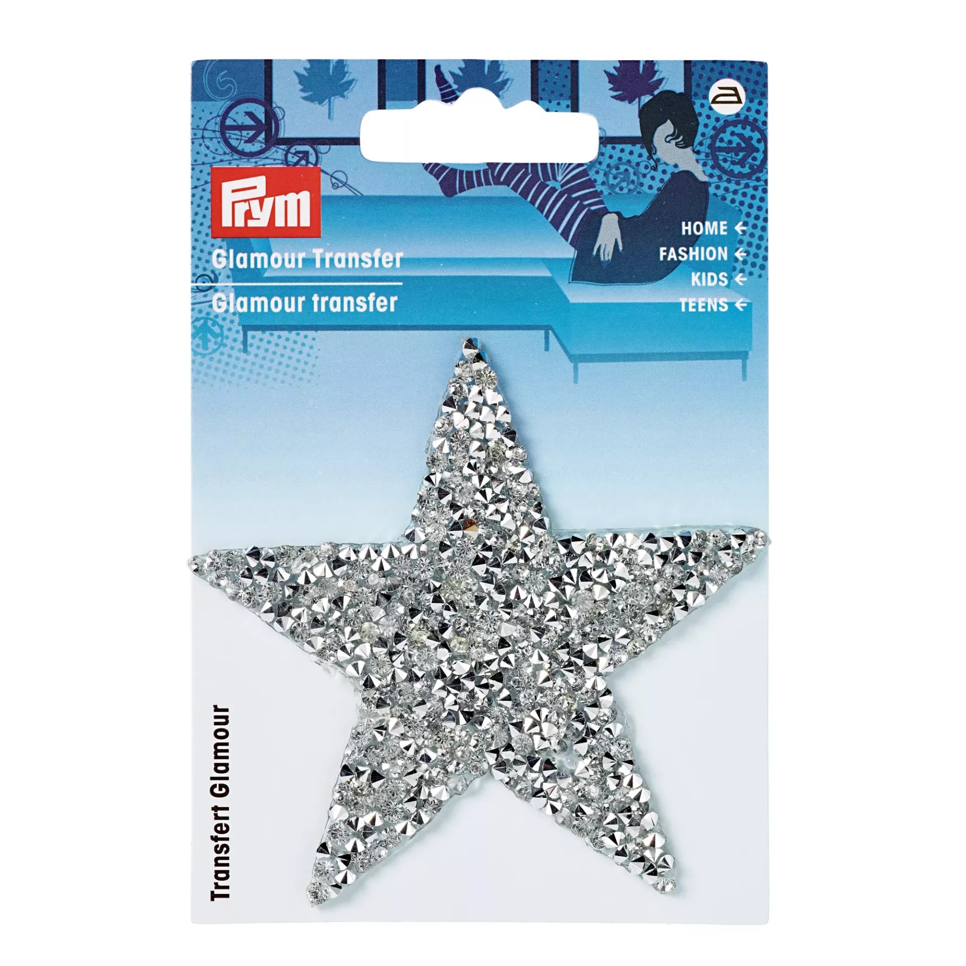 Prym silver rhinestone star iron-on glamour transfer applique on its original blue packaging.