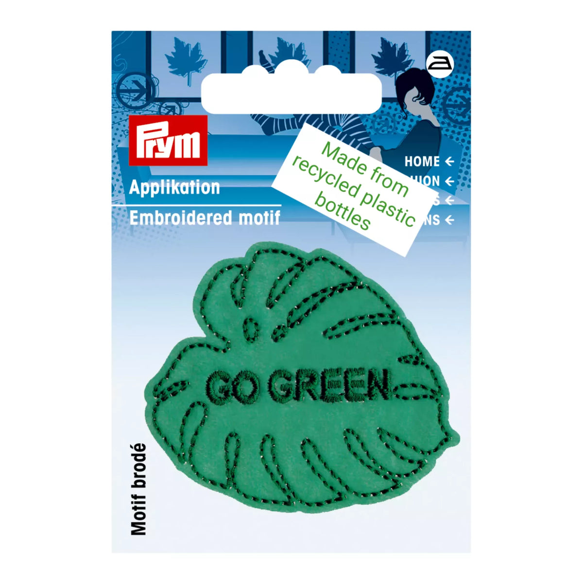 Prym iron-on leaf appliqué in green with 'GO GREEN' embroidery, made from recycled plastic bottles.